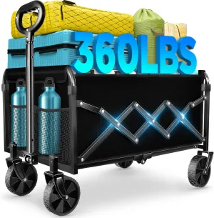 Wagons Carts Foldable, Collapsible Wagon Cart with Wheels - Beach Wagon Cart with Wheels for Sand Sports Camping Grocery, Black