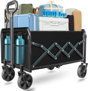 Wagons Carts Foldable, Collapsible Wagon Cart with Wheels - Beach Wagon Cart with Wheels for Sand Sports Camping Grocery, Black