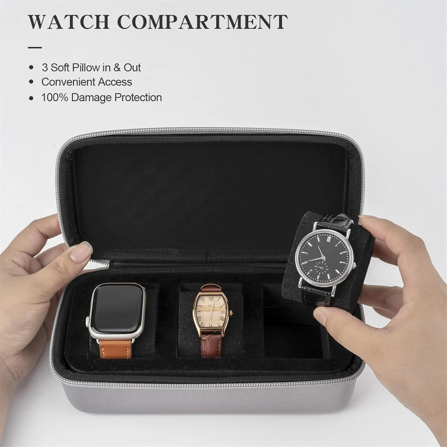 Watch Travel Case – Zipper Case Storage And Organizer For Men And Women, Portable Watch Organizer Waterproof Watch Box Fits All Wristwatches & Smart Watches Up To 50mm(Black,3 Slots)