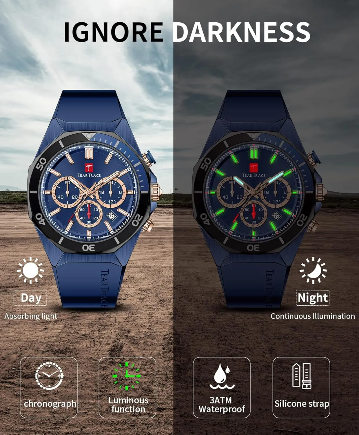 Watches for Men Luxury Chronograph 3ATM Waterproof Quartz Sport Wrist Watches Multifunctional with Silicone Strap Casual Work Mens Watches