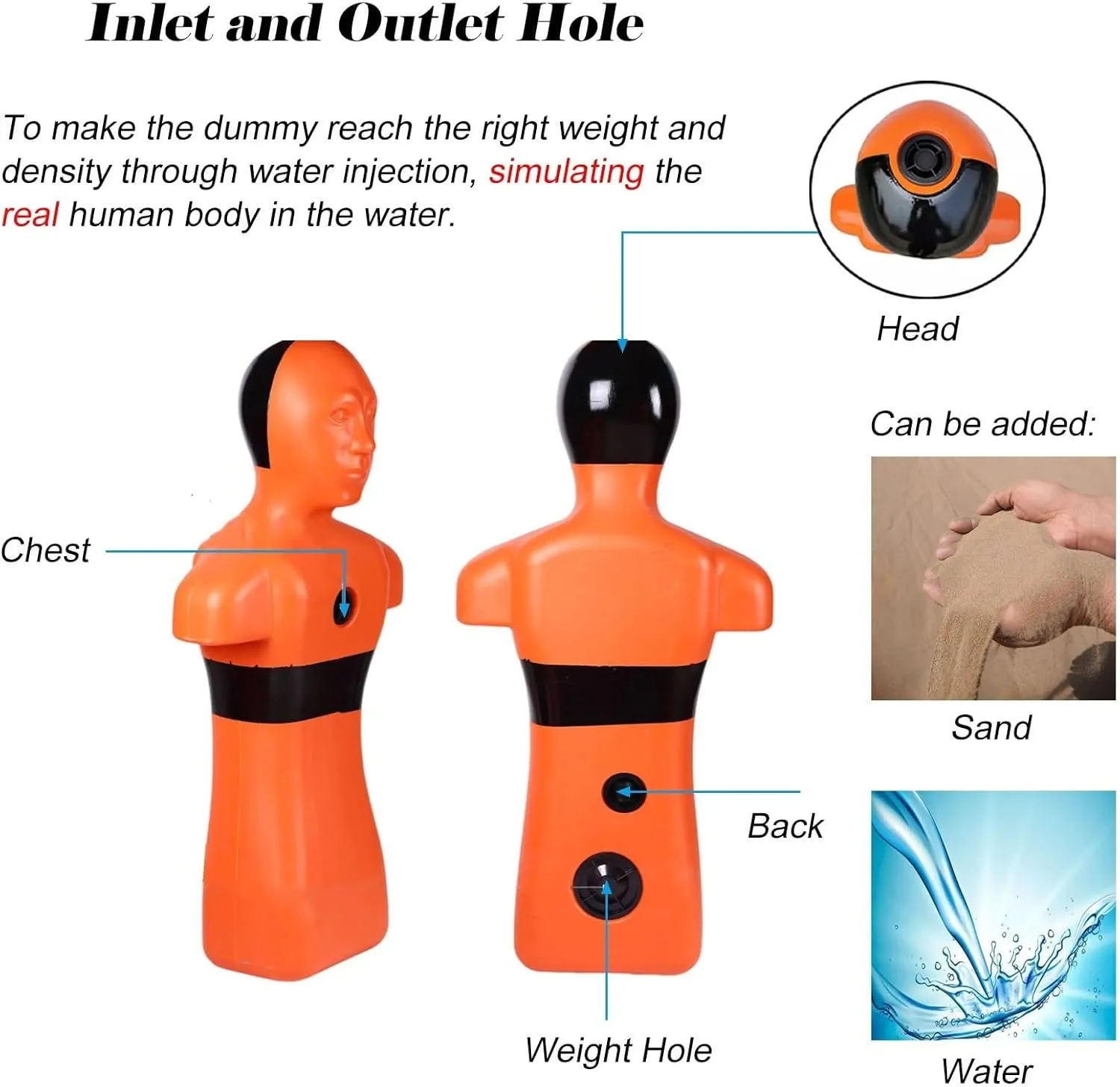 Water Rescue Training Dummy, Drowning Prevention Teaching Tools with 3 Inlet & Outlet Holes, Swimming Pool Rescue Training Equipment for Teenagers/Adults
