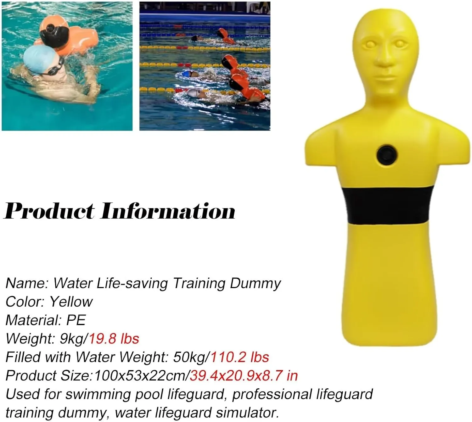 Water Rescue Training Dummy, Drowning Prevention Teaching Tools with 3 Inlet & Outlet Holes, Swimming Pool Rescue Training Equipment for Teenagers/Adults