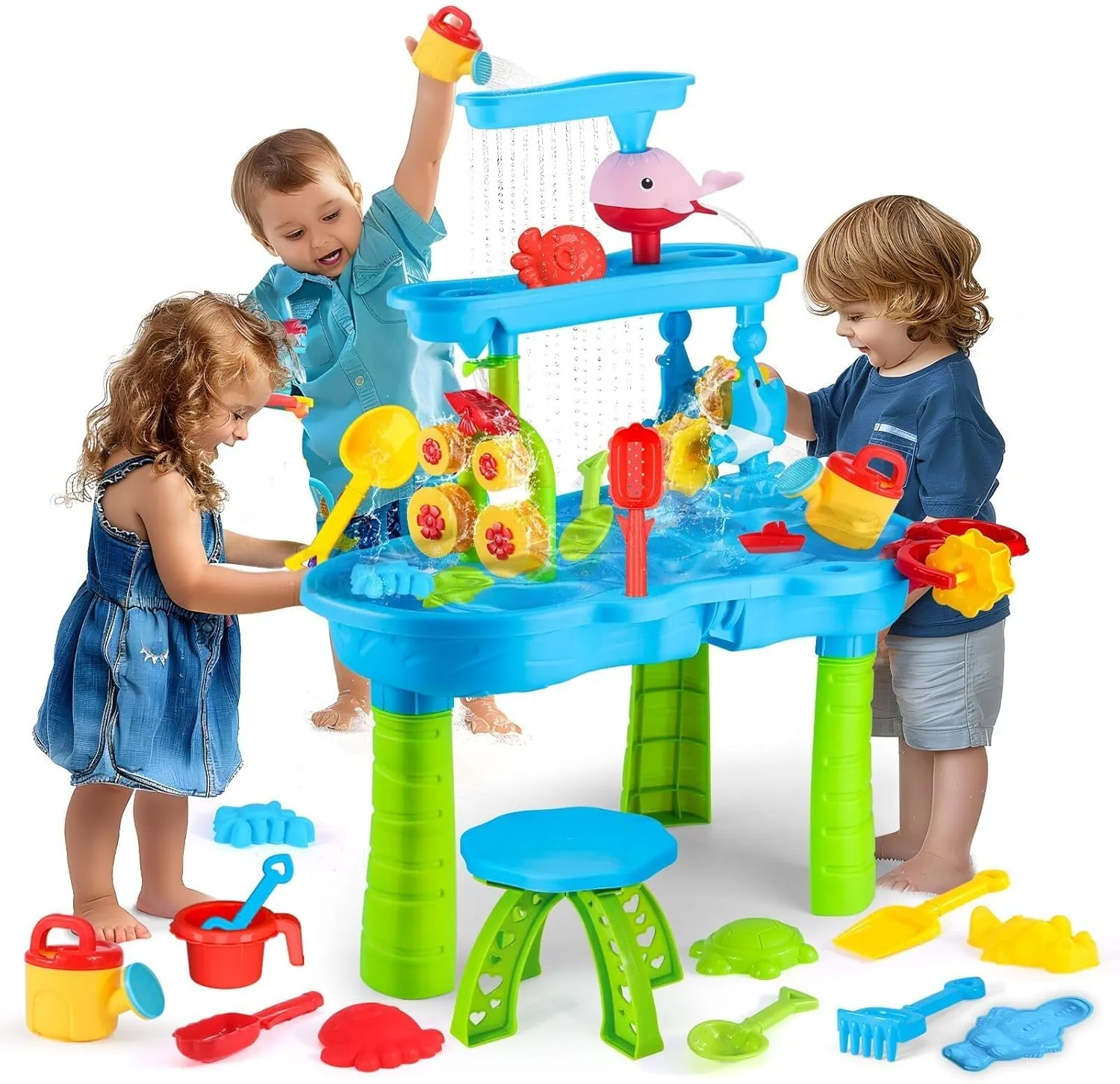 Water Table for Toddlers 3-5, 3-Tier Kids Splash Sand Table Water Toys, Rain Showers Splash Pond for Outdoor Beach Backyard Summer, Activity Play Table for Girls Boys
