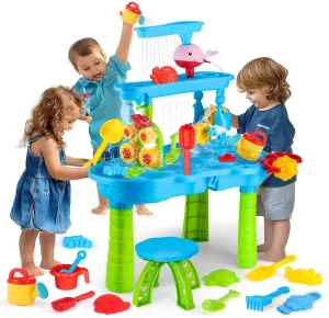 Water Table for Toddlers 3-5, 3-Tier Kids Splash Sand Table Water Toys, Rain Showers Splash Pond for Outdoor Beach Backyard Summer, Activity Play Table for Girls Boys