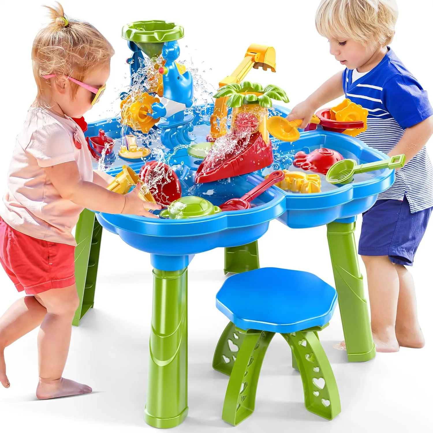 Water Table for Toddlers 3-5, 4 in 1 Kids Sand Water Table, Water and Sand Activity Sensory Tables Summer Outdoor Toys Beach Toys for Outside Backyard for Kids Toddlers Age 3 4 5 6 7 8
