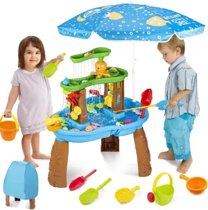 Water Table for Toddlers 3-5 with Umbrella Outdoor Toys for Kids Ages 4-8 3-Tier Kids Sand Water Table with Fishing Game Set Activity Sensory Table Summer Gift Beach Outside Toys for Toddlers