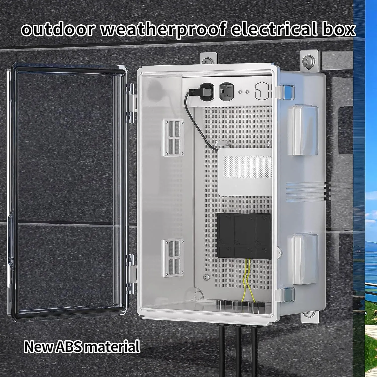 Waterproof ABS Enclosure Cabinet Junction Box, Ventilated Design, Indoor/Outdoor Use, with Mounting Panel, High Power Outlets. (Clear Cover, 17.7"x13.8"x8")