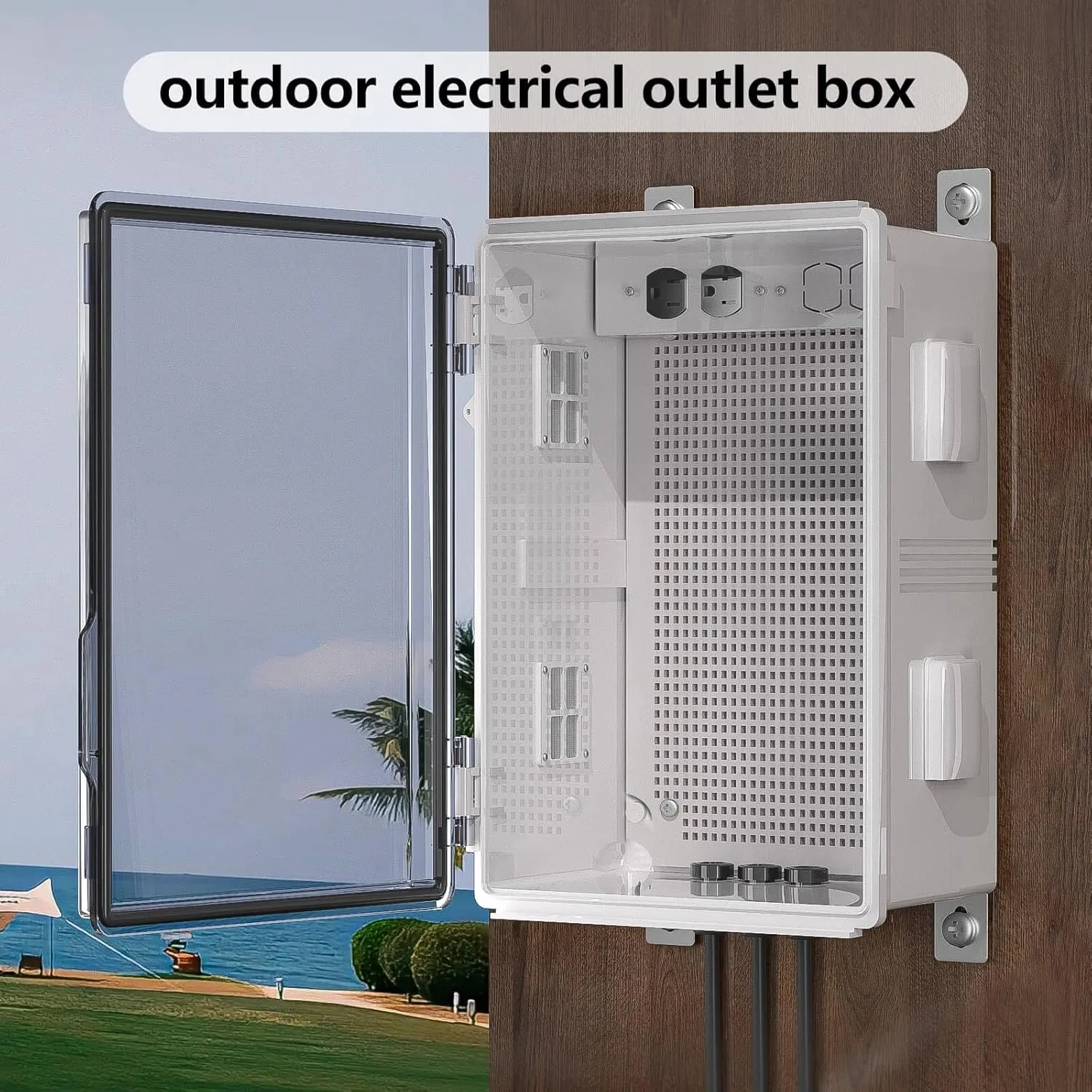 Waterproof ABS Enclosure Cabinet Junction Box, Ventilated Design, Indoor/Outdoor Use, with Mounting Panel, High Power Outlets. (Clear Cover, 17.7"x13.8"x8")