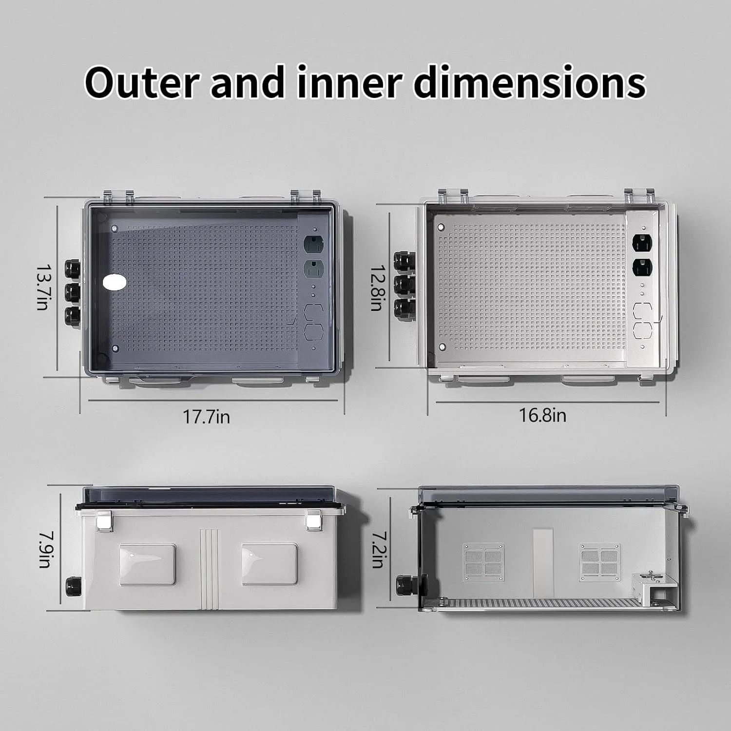Waterproof ABS Enclosure Cabinet Junction Box, Ventilated Design, Indoor/Outdoor Use, with Mounting Panel, High Power Outlets. (Clear Cover, 17.7"x13.8"x8")