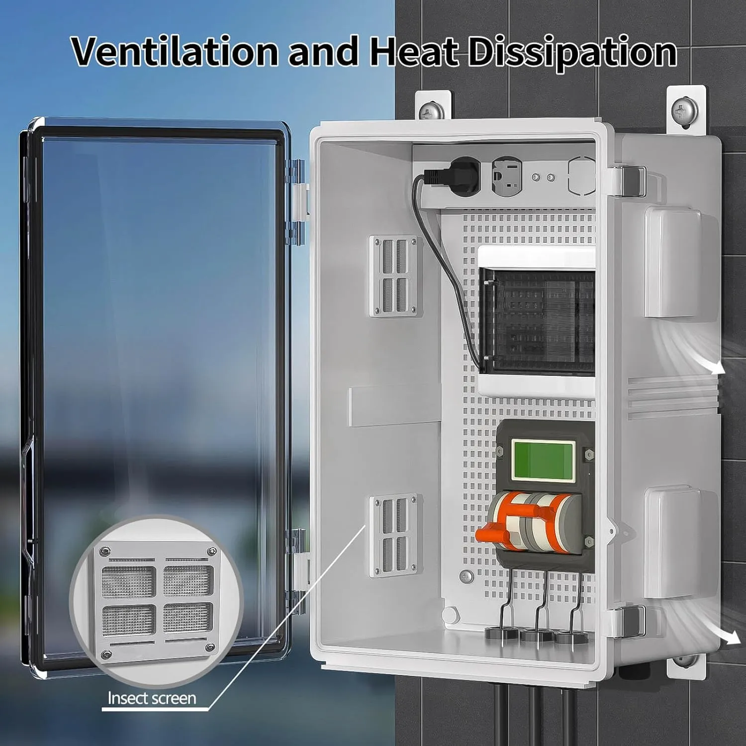 Waterproof ABS Enclosure Cabinet Junction Box, Ventilated Design, Indoor/Outdoor Use, with Mounting Panel, High Power Outlets. (Clear Cover, 17.7"x13.8"x8")
