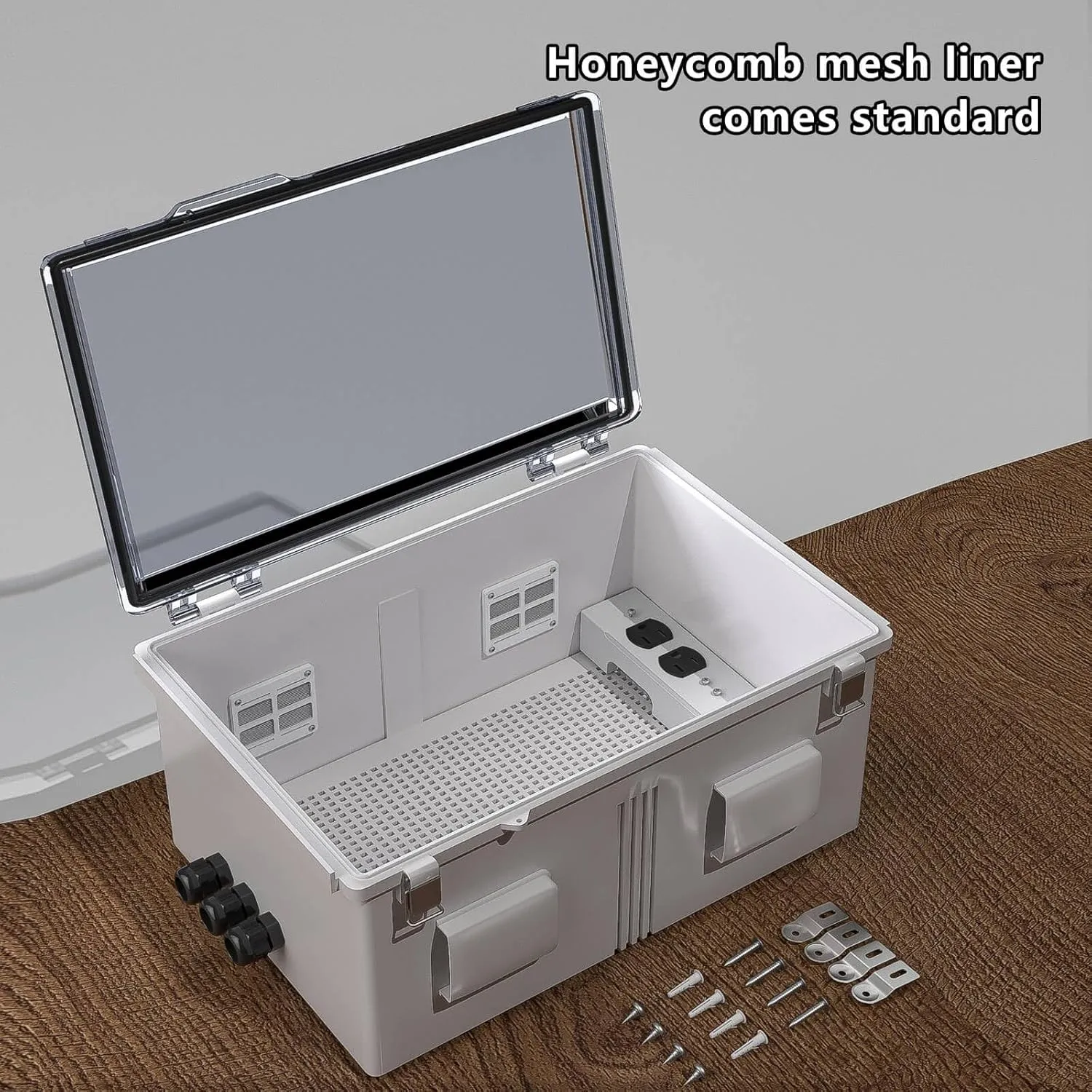 Waterproof ABS Enclosure Cabinet Junction Box, Ventilated Design, Indoor/Outdoor Use, with Mounting Panel, High Power Outlets. (Clear Cover, 17.7"x13.8"x8")