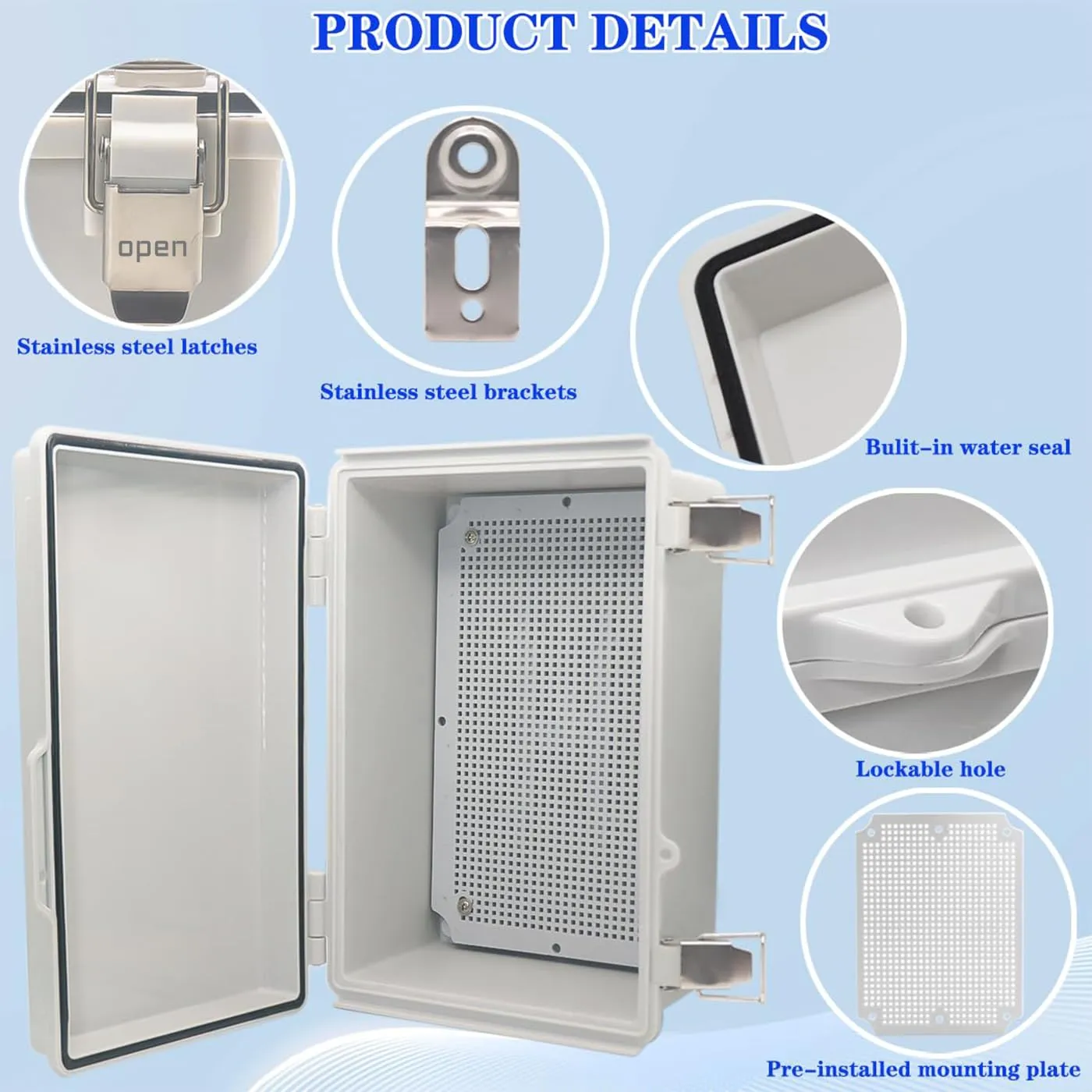 Waterproof Electrical Box, IP67 Junction Box Stainless Steel Latch Hinged Grey Cover Project Enclosure with Wall Bracket 11.1"x7.5"x5.5"