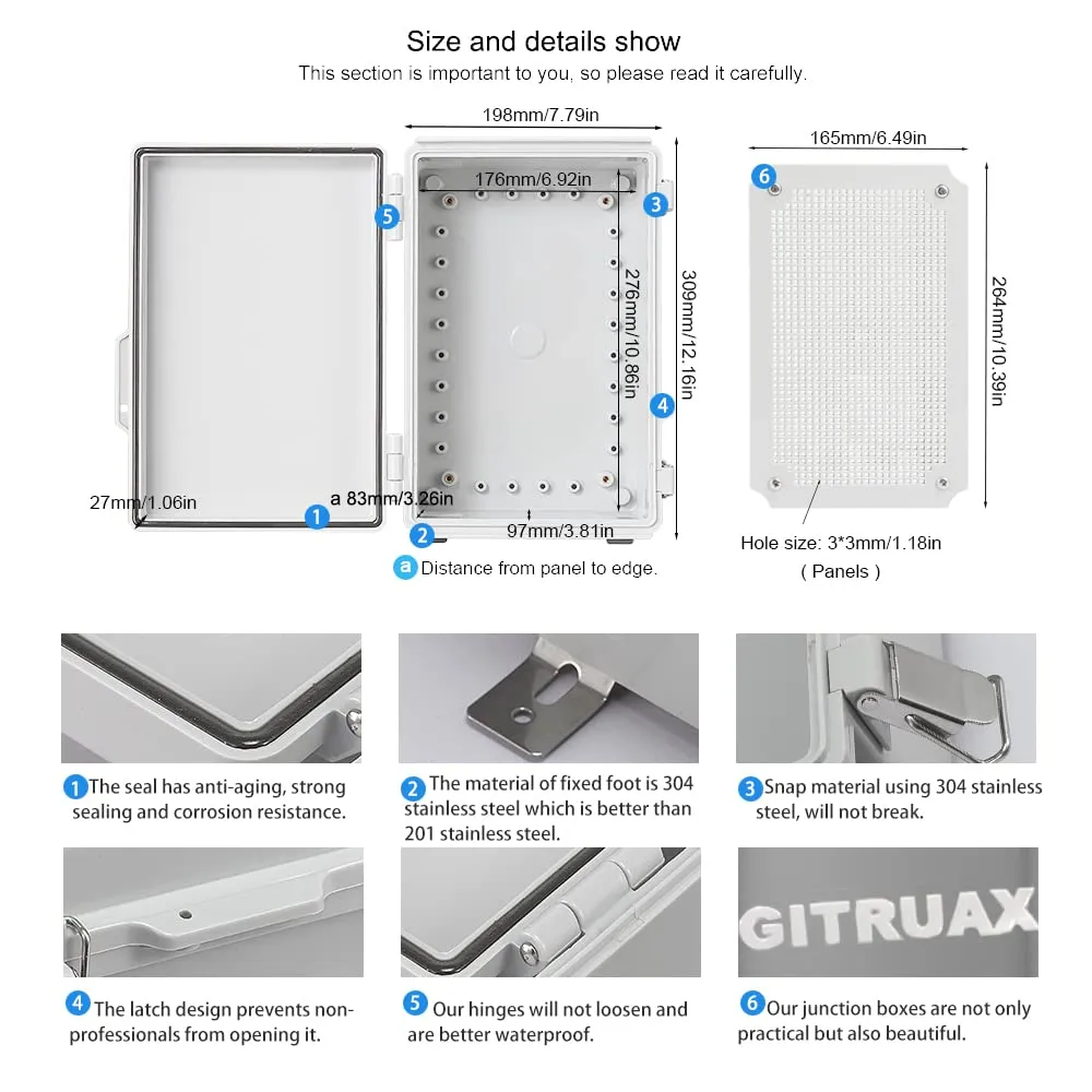 Waterproof Electrical Enclosure Box ip67 Outdoor Junction Box Plastic ABS and Project Box (Grey, 11.8"×7.9"×5")
