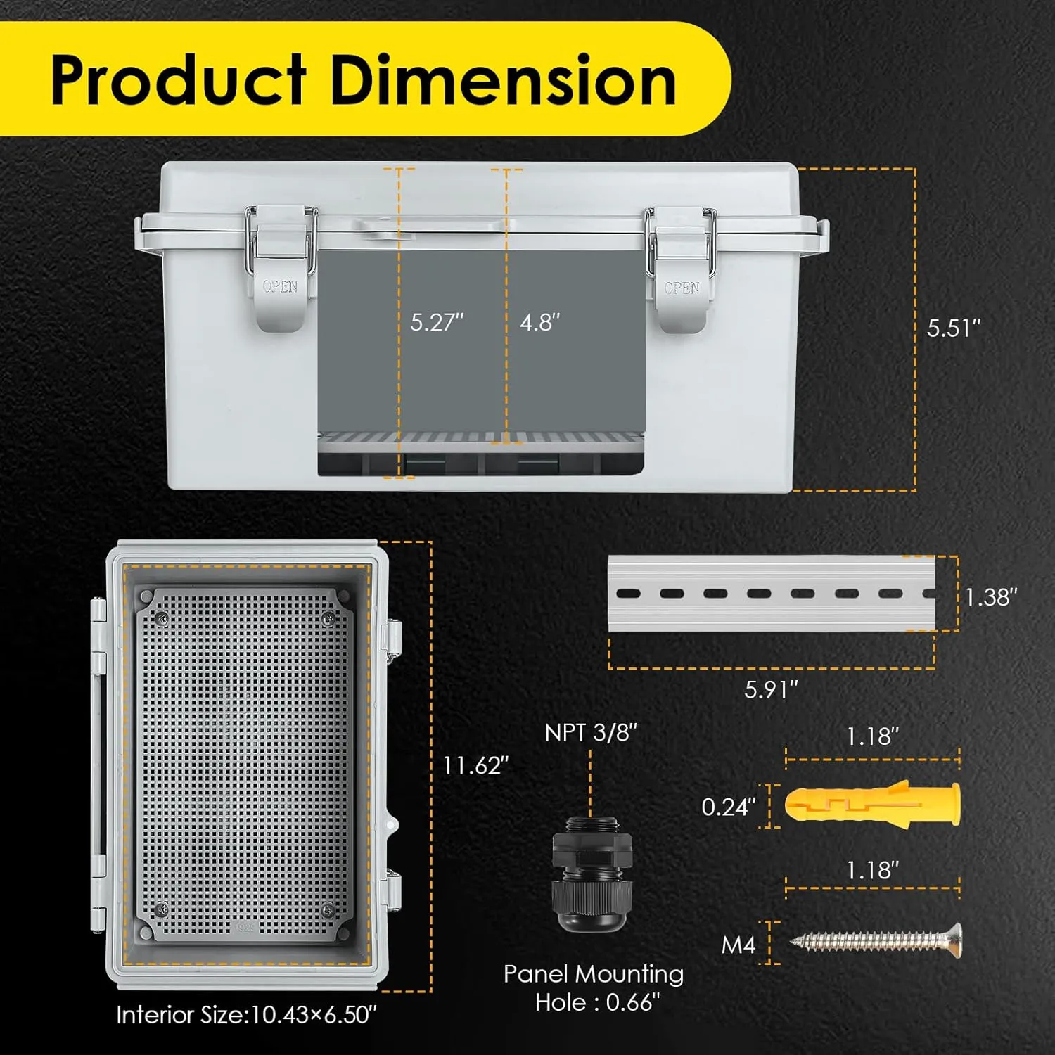 Waterproof Electrical Junction Box, IP67 Plastic Weatherproof Electrical Junction Box Enclosure with Aluminum DIN Rail, Mounting Plate, Wall Brackets for DIY Projects (11.4"×7.5"×5.5")