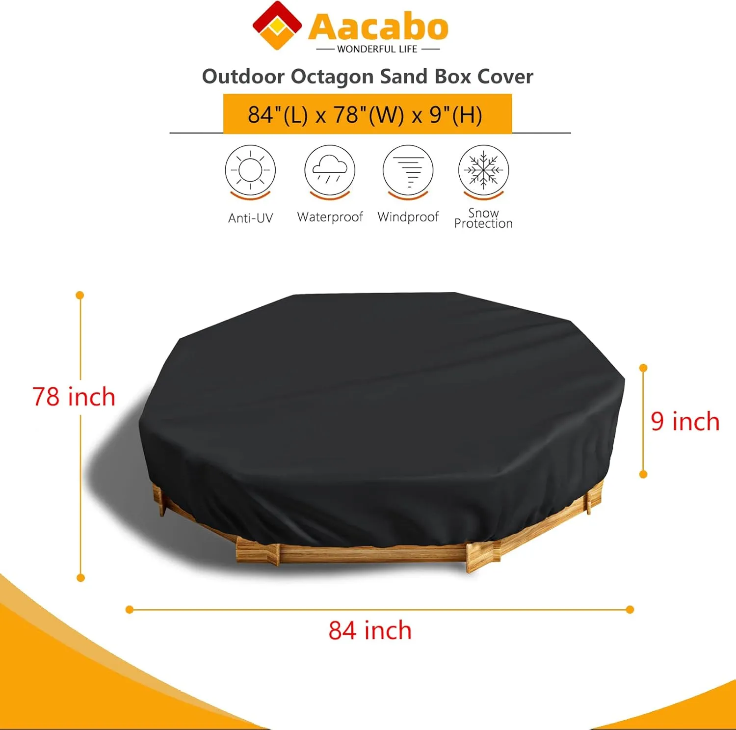 Waterproof Octagon Sandboxes Cover, Upgraded with Wire Rope & Winch Fixed Increase Stability, for 84" X 78" x 9" Kids Outdoor Wooden Sandboxe, Black