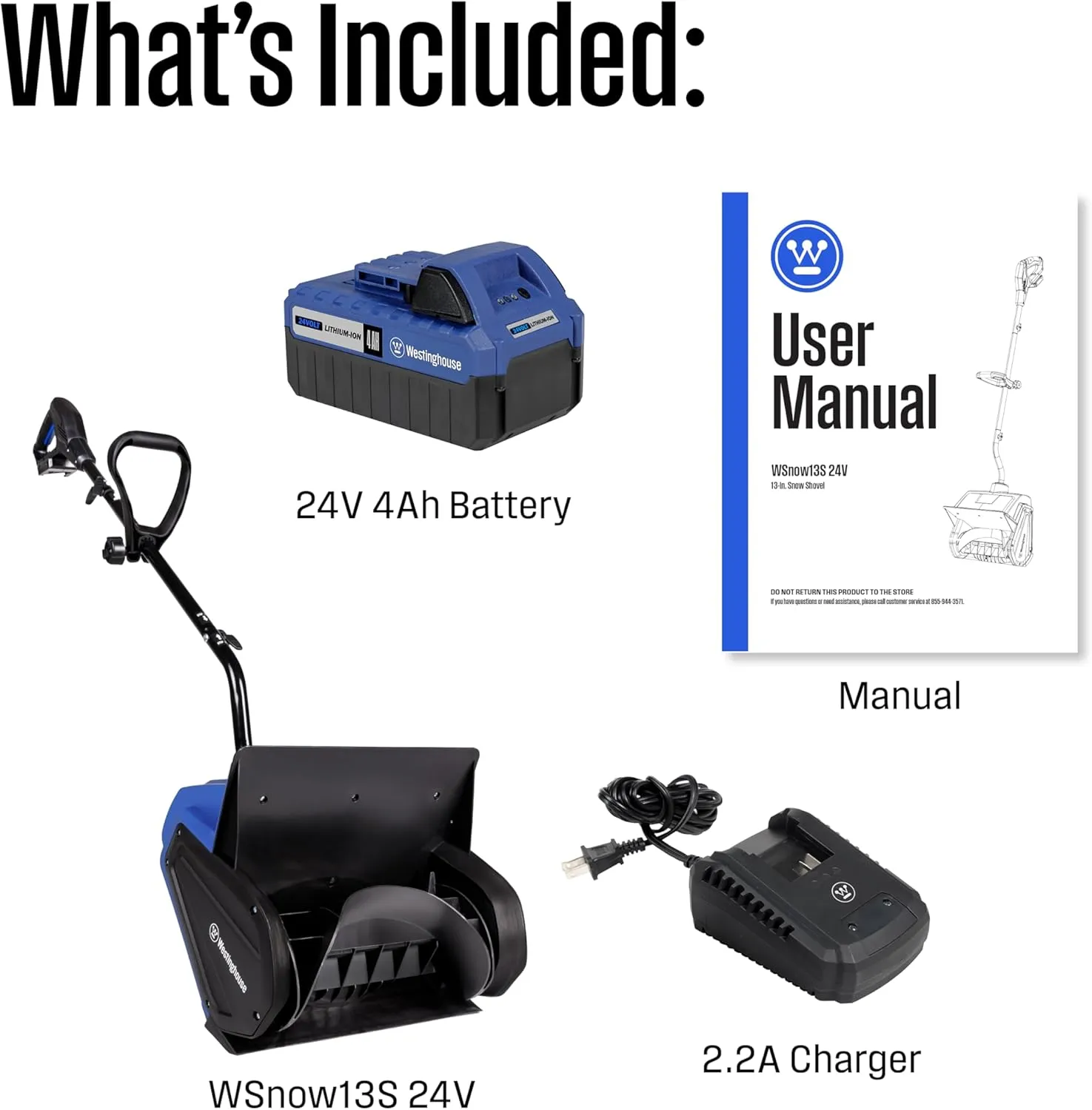 Westinghouse WSnow13S 24V Cordless Snow Shovel 13 Inch Kit, 24V 4Ah Battery, Fast Charger, Electric Snow Shovel with 20ft Throwing Distance, plows 300lbs/min, Compatible with Snow Joe Batteries