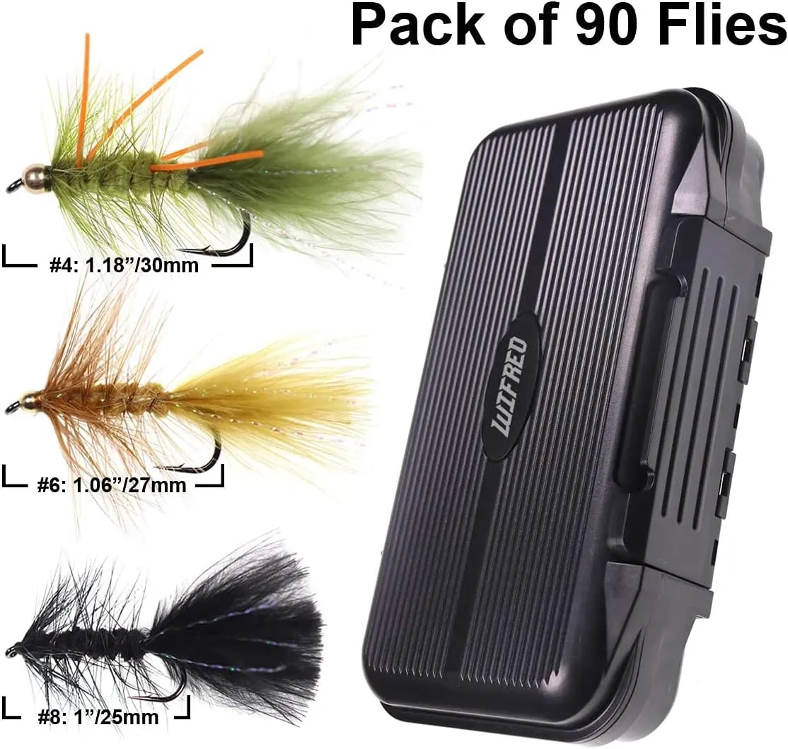 wifreo 30/90PCS Wooly Bugger Fly Fishing Lures Streamer Assortment with Waterproof Fly Box