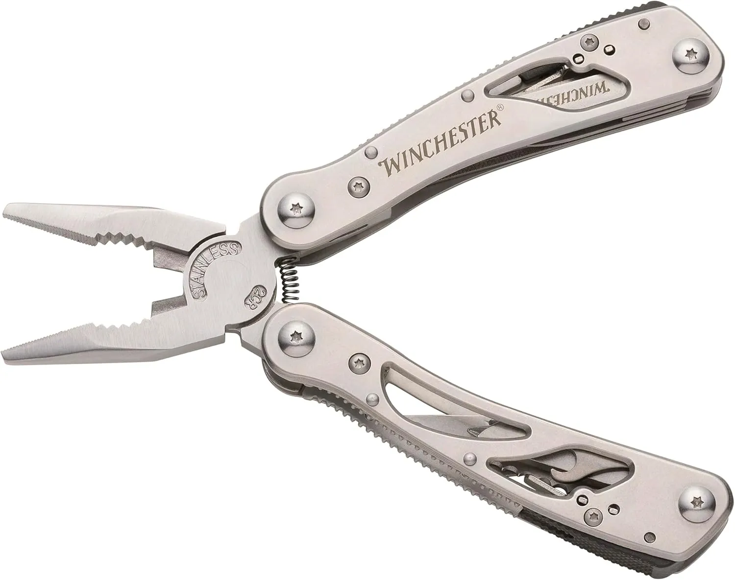 Winchester Knives Multi Tool with Steel Construction, Textured Grips, and 13 Integrated Tools; Includes Sheath, Large, Silver