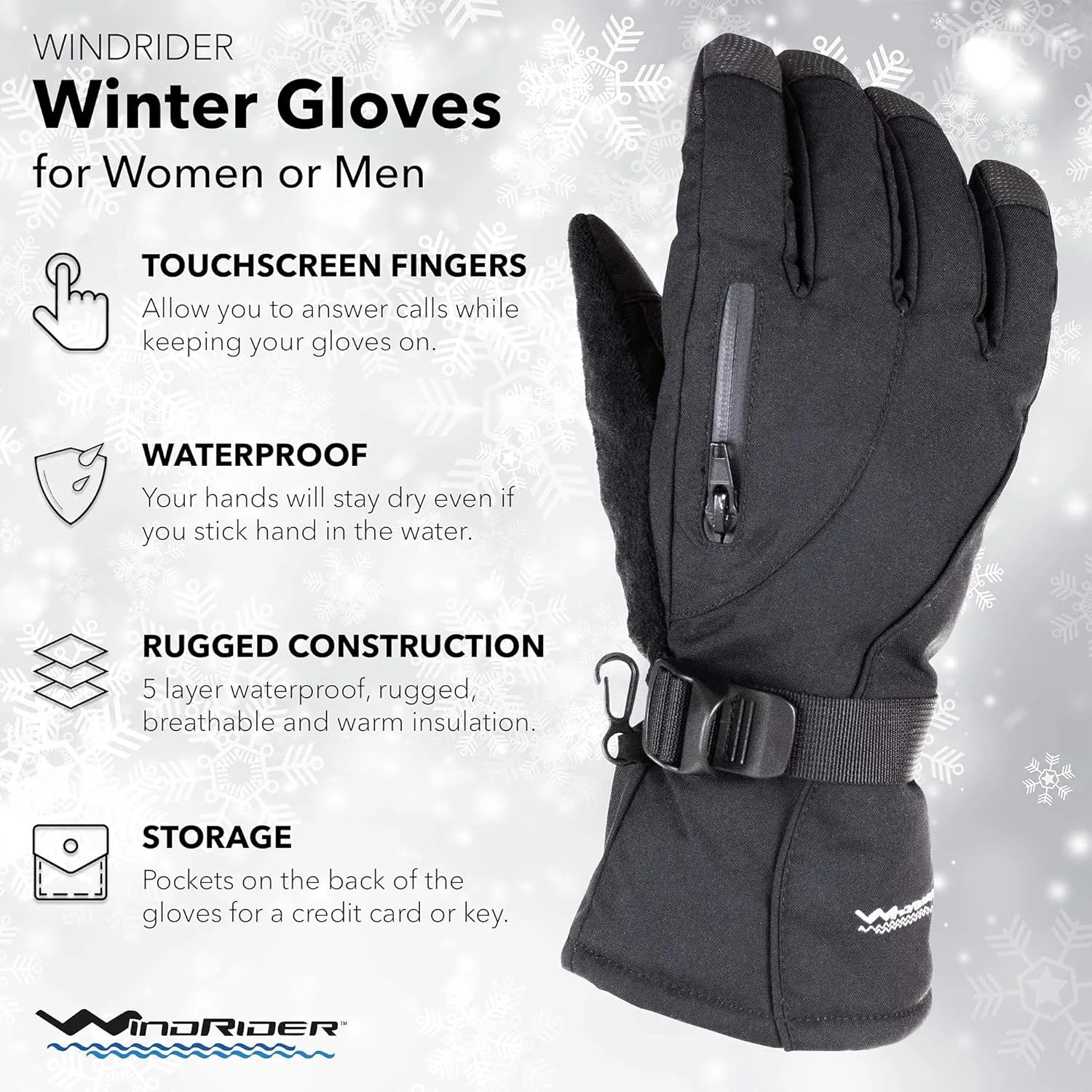 WindRider Rugged Waterproof Winter Gloves | Touchscreen Compatible | Cordura Shell, Thinsulate Insulation | Ice Fishing, Skiing, Sledding, Snowboard | for Women or Men