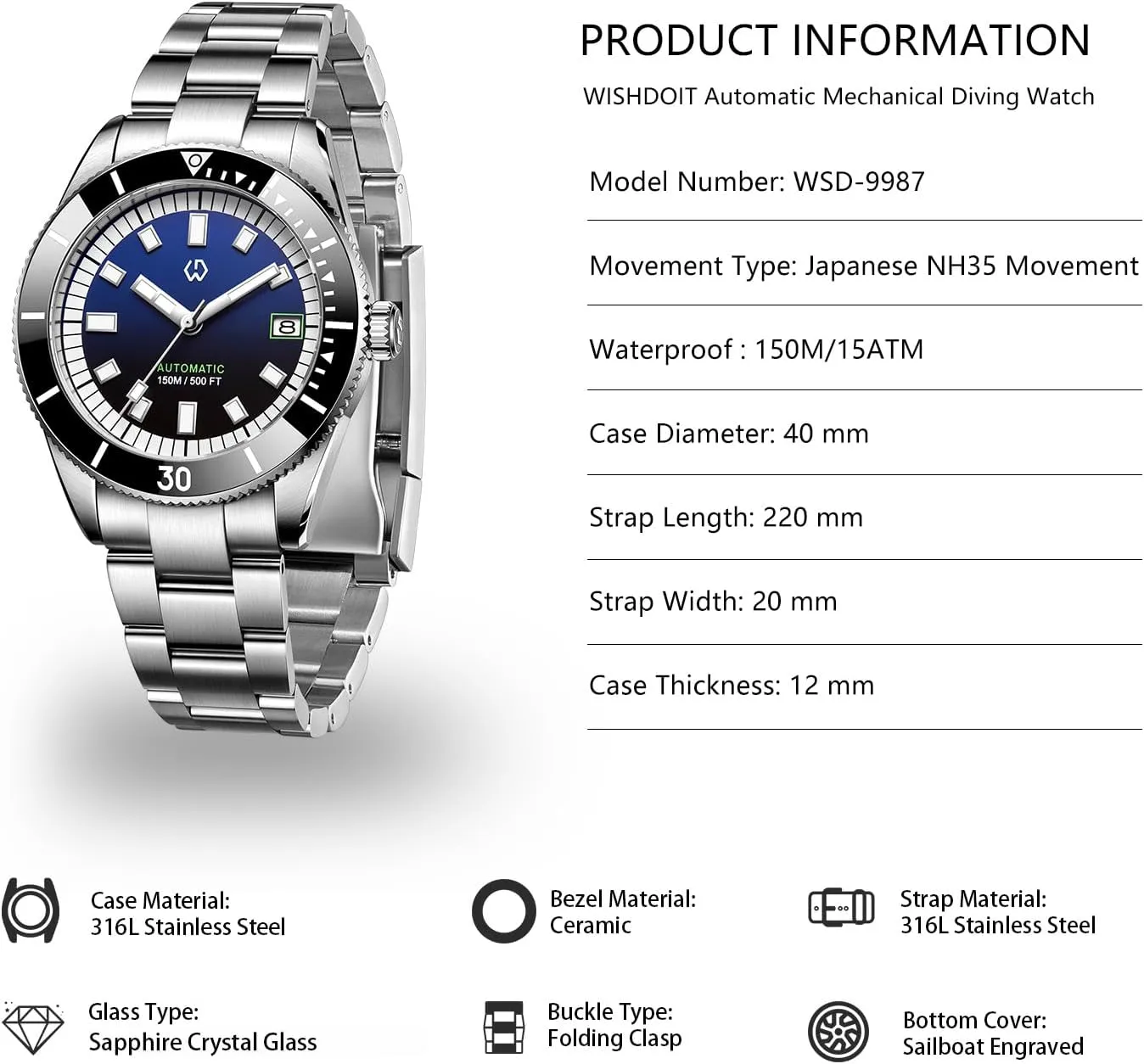 WISHDOIT Men's Watch 15ATM Diving Watch NH35 Movement Automatic Mechanical Wristwatch Hardness Sapphire Glass Comfortable Stainless Steel Band Super Luminous Watch for Men