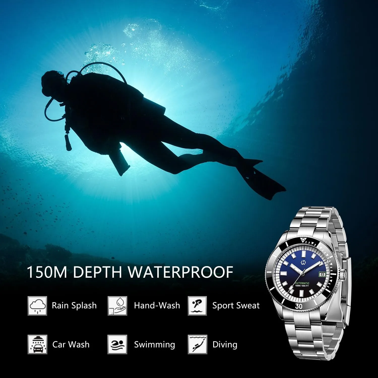 WISHDOIT Men's Watch 15ATM Diving Watch NH35 Movement Automatic Mechanical Wristwatch Hardness Sapphire Glass Comfortable Stainless Steel Band Super Luminous Watch for Men
