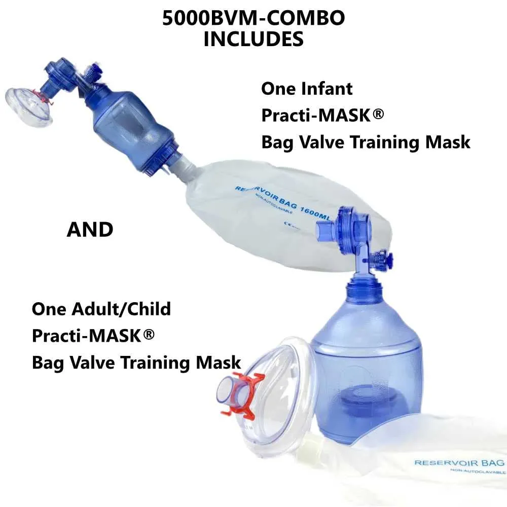 WNL Products 5000BVM-COMBO, 1 Practi-Mask BVM Adult/Child and 1 Infant CPR Trainings Mask, Includes 1 Infant BVM and 1 Adult/Child BVM (Practi-Mask, Bag Valve Squeeze Bag, Reservoir Bag)