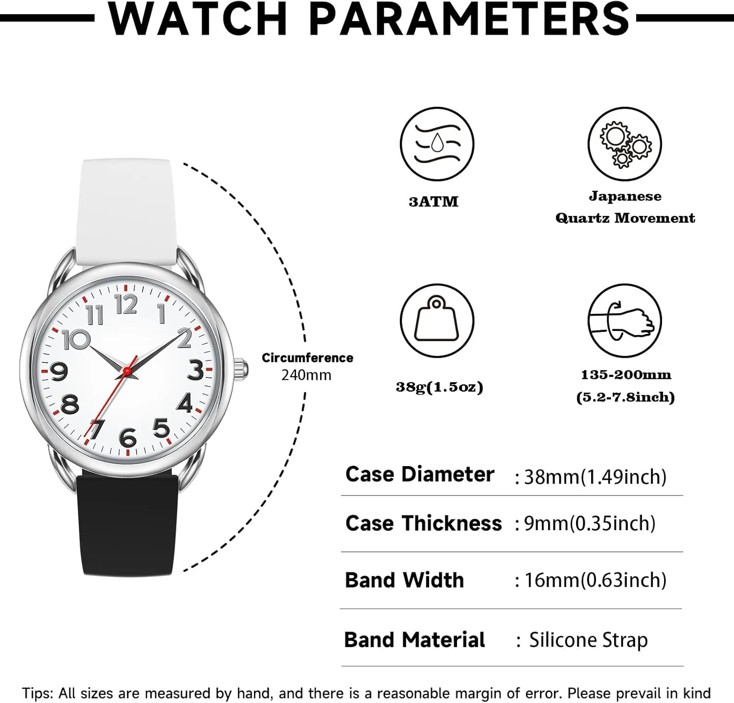 Women Watch Big Face Easy to Read Silicone Strap Watch Waterproof Watch