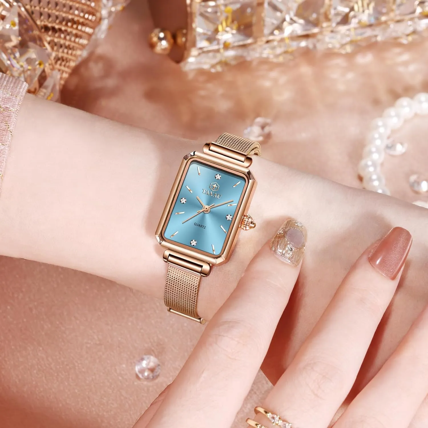 Women Watches Rose Gold Mesh Womens Watches for Small Wrists Classic Square Diamond Watch Waterproof Thin Watch Easy Read Analog Quartz Minimalist Women Watch Reloj de Mujer