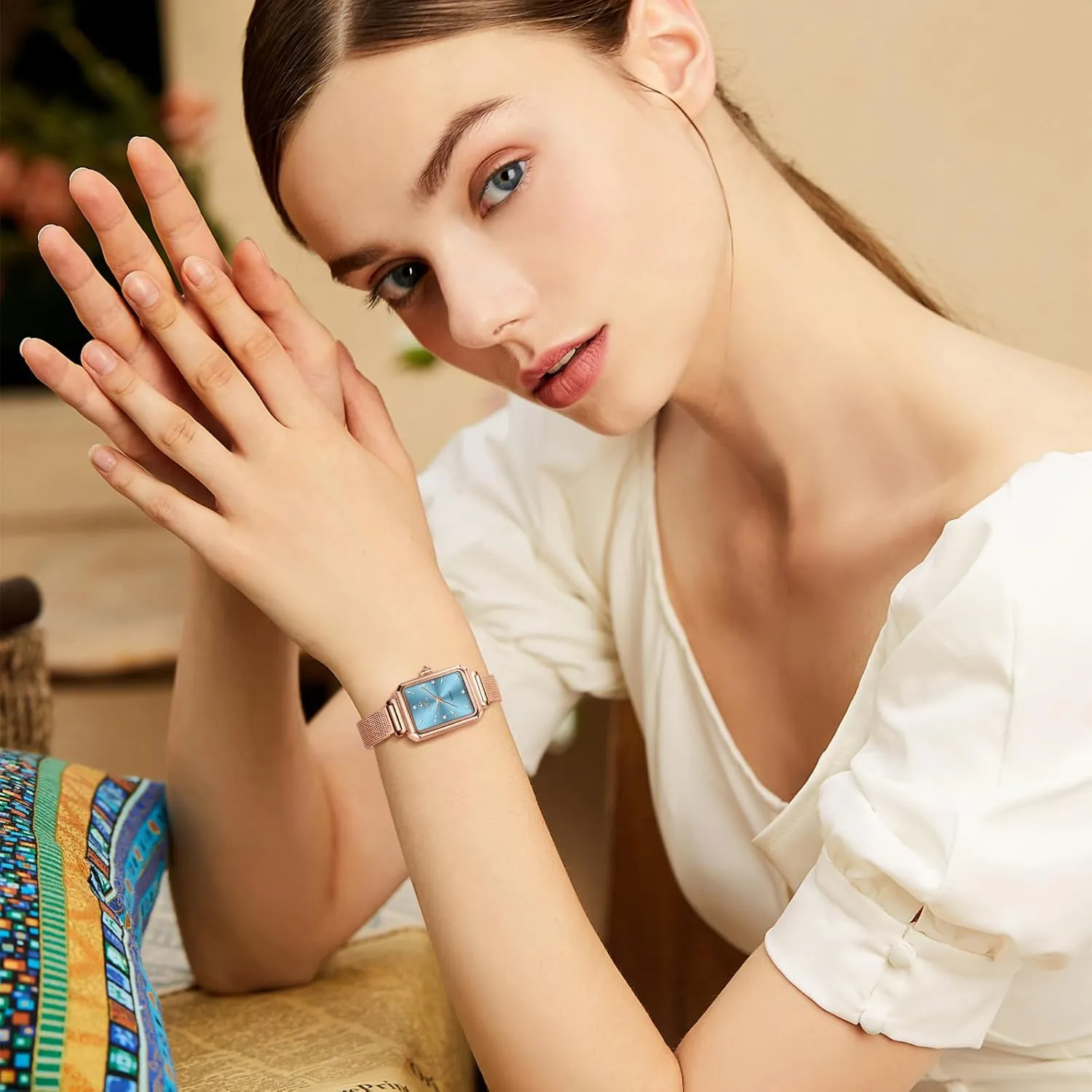 Women Watches Rose Gold Mesh Womens Watches for Small Wrists Classic Square Diamond Watch Waterproof Thin Watch Easy Read Analog Quartz Minimalist Women Watch Reloj de Mujer