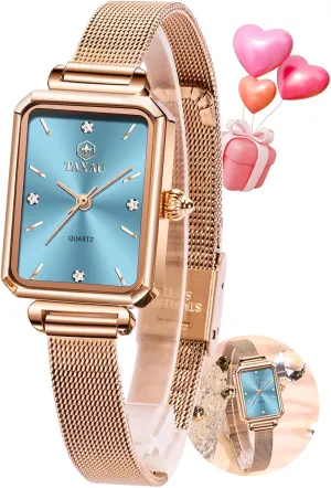 Women Watches Rose Gold Mesh Womens Watches for Small Wrists Classic Square Diamond Watch Waterproof Thin Watch Easy Read Analog Quartz Minimalist Women Watch Reloj de Mujer