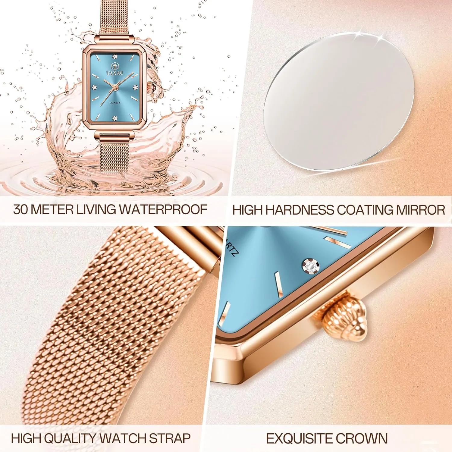 Women Watches Rose Gold Mesh Womens Watches for Small Wrists Classic Square Diamond Watch Waterproof Thin Watch Easy Read Analog Quartz Minimalist Women Watch Reloj de Mujer