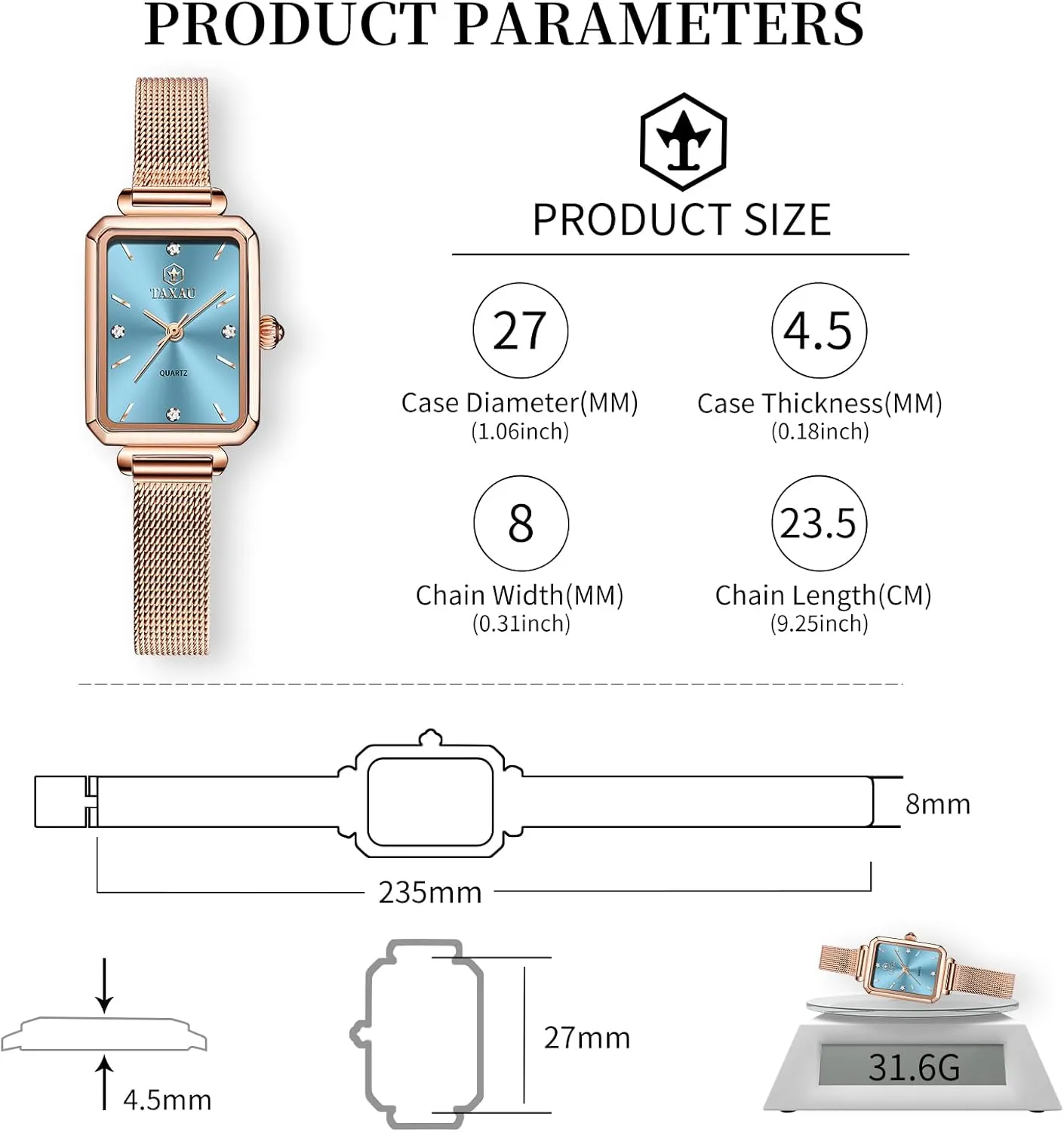 Women Watches Rose Gold Mesh Womens Watches for Small Wrists Classic Square Diamond Watch Waterproof Thin Watch Easy Read Analog Quartz Minimalist Women Watch Reloj de Mujer