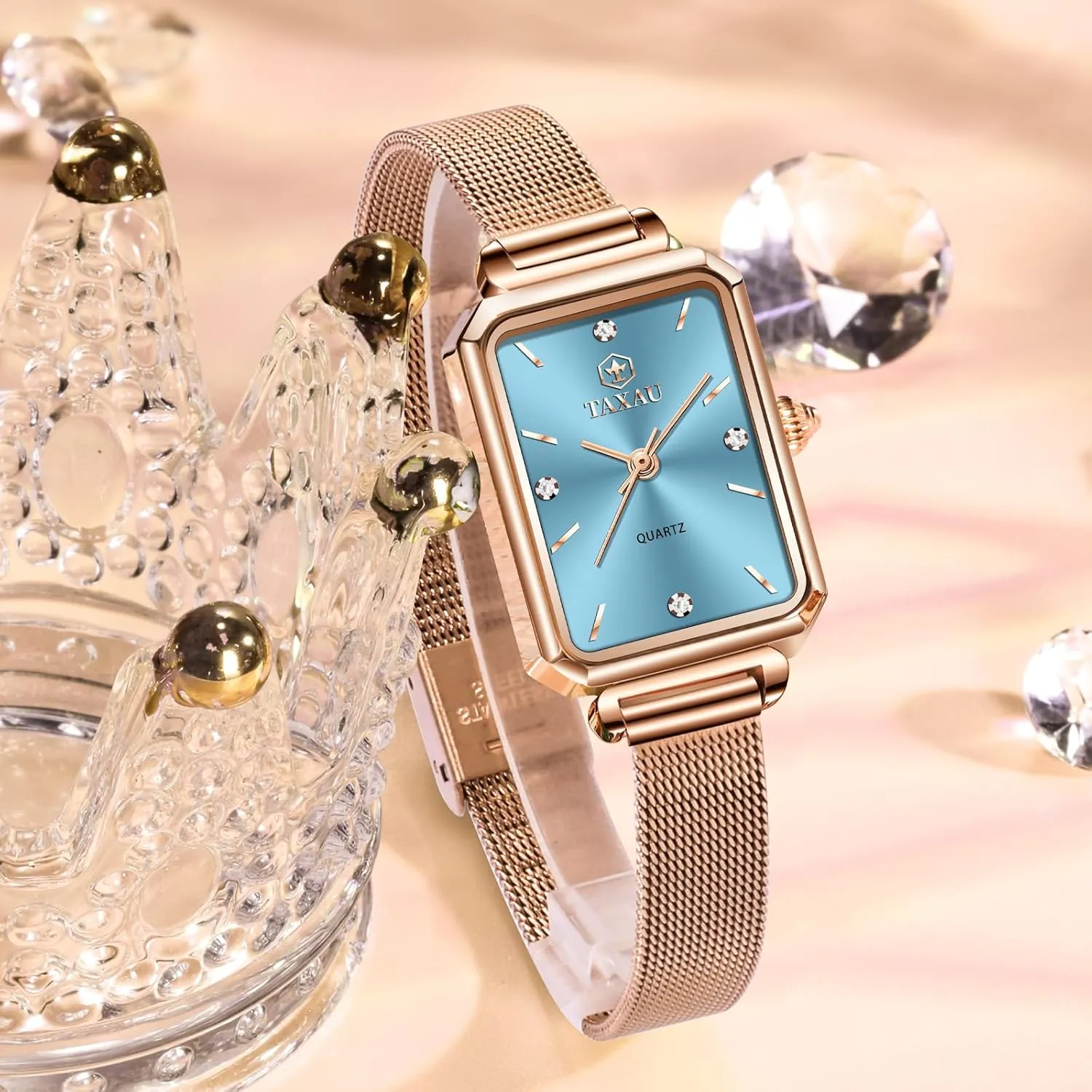 Women Watches Rose Gold Mesh Womens Watches for Small Wrists Classic Square Diamond Watch Waterproof Thin Watch Easy Read Analog Quartz Minimalist Women Watch Reloj de Mujer