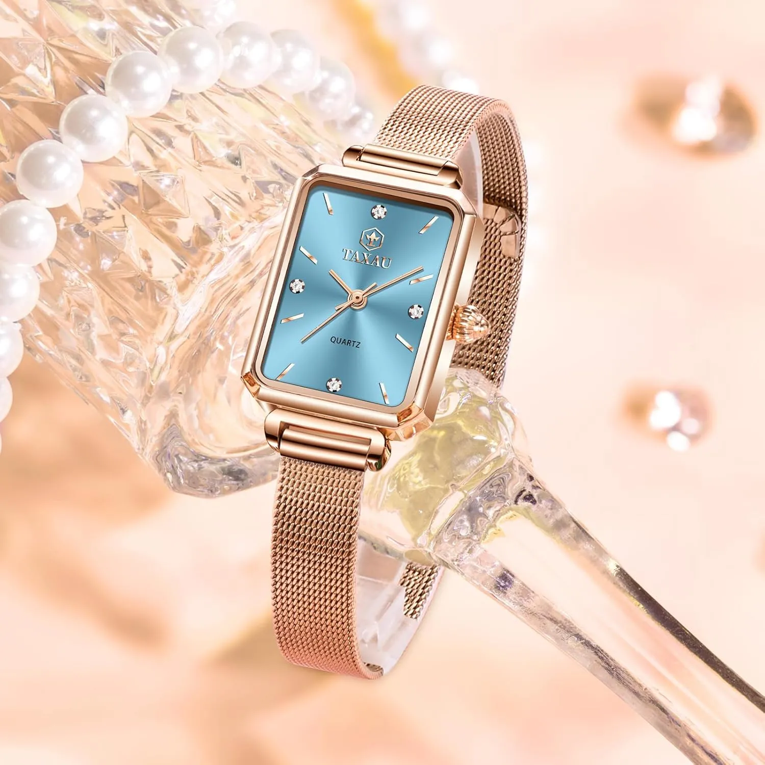 Women Watches Rose Gold Mesh Womens Watches for Small Wrists Classic Square Diamond Watch Waterproof Thin Watch Easy Read Analog Quartz Minimalist Women Watch Reloj de Mujer