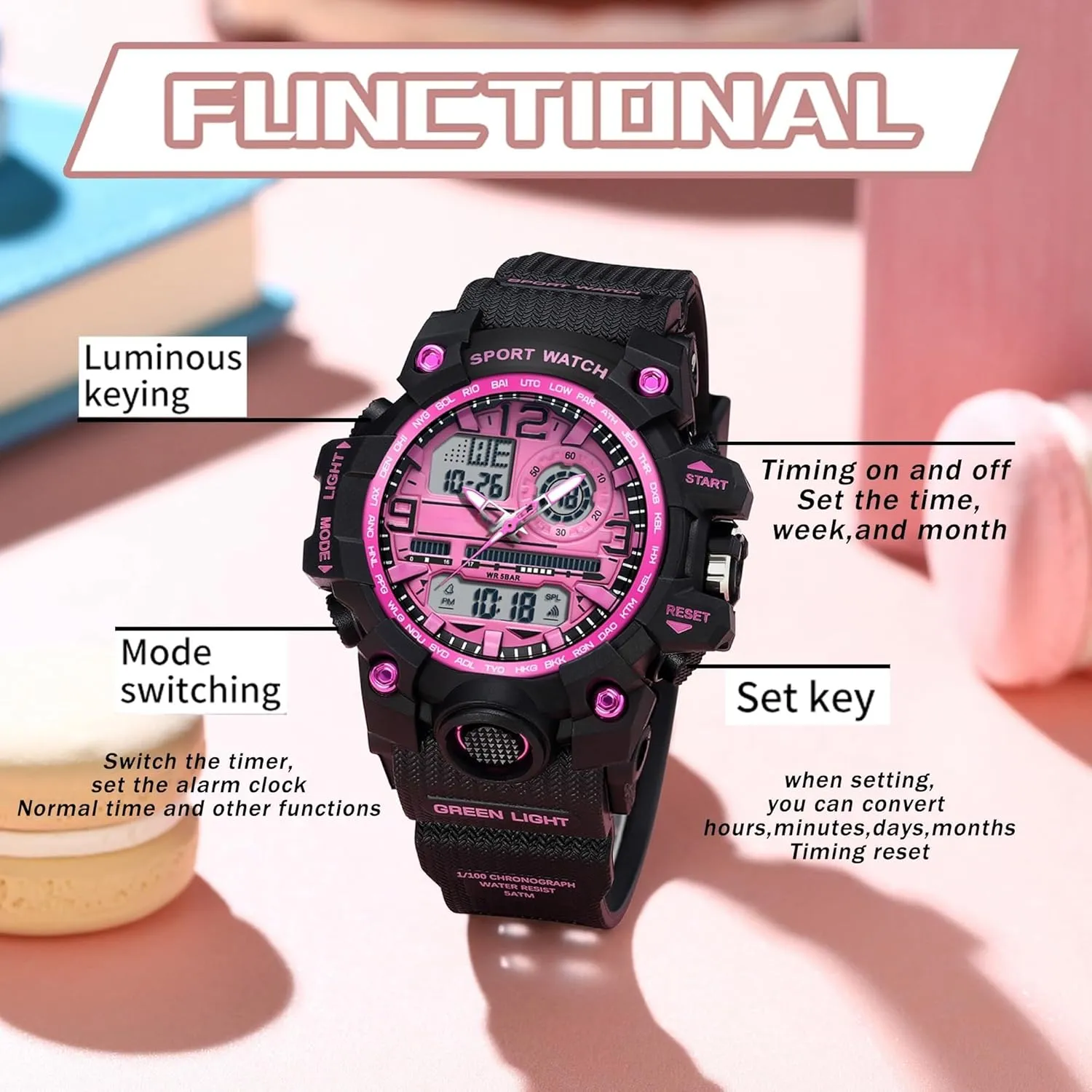 Women's Sports Watch Digital Watches for Ladies Tactical Watch Outdoor Military 5ATM Waterproof Watch Stopwatch Alarm LED Backlight Shockproof Analog Wrist Watches for Women