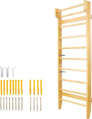 Wood Stall Bar Multi-use Swedish Ladder, Wall Mounted Pull Up Bar for Stretching and Exercise, Indoor Gym Workout, Natural Finish