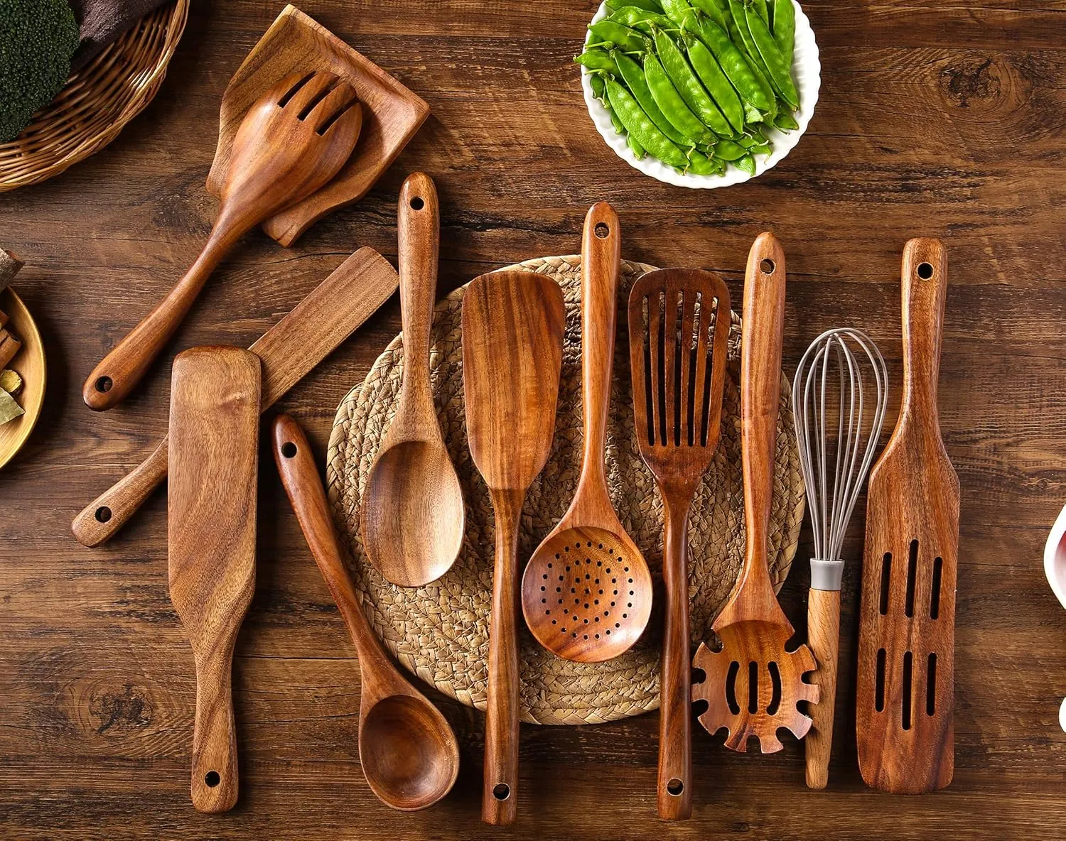 Wooden Kitchen Utensils Set, 11 Pcs Teak Wood Cooking Utensils Spoons Spatulas Spurtles Kit Non-stick Natural Kitchen Tools for Cooking