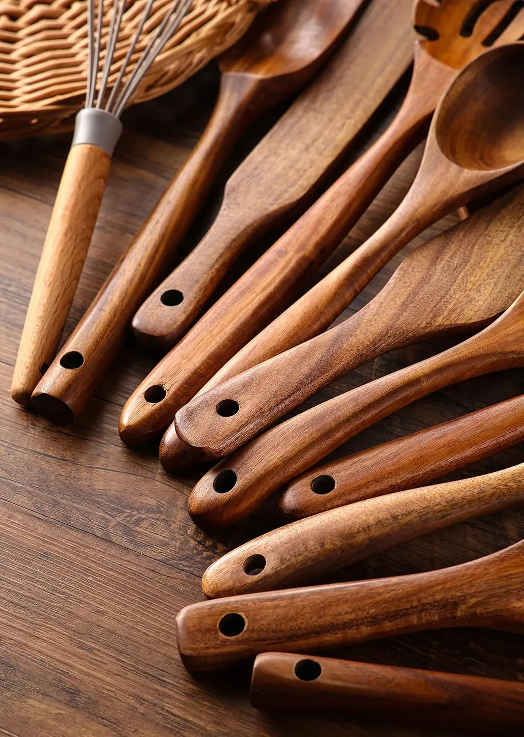 Wooden Kitchen Utensils Set, 11 Pcs Teak Wood Cooking Utensils Spoons Spatulas Spurtles Kit Non-stick Natural Kitchen Tools for Cooking
