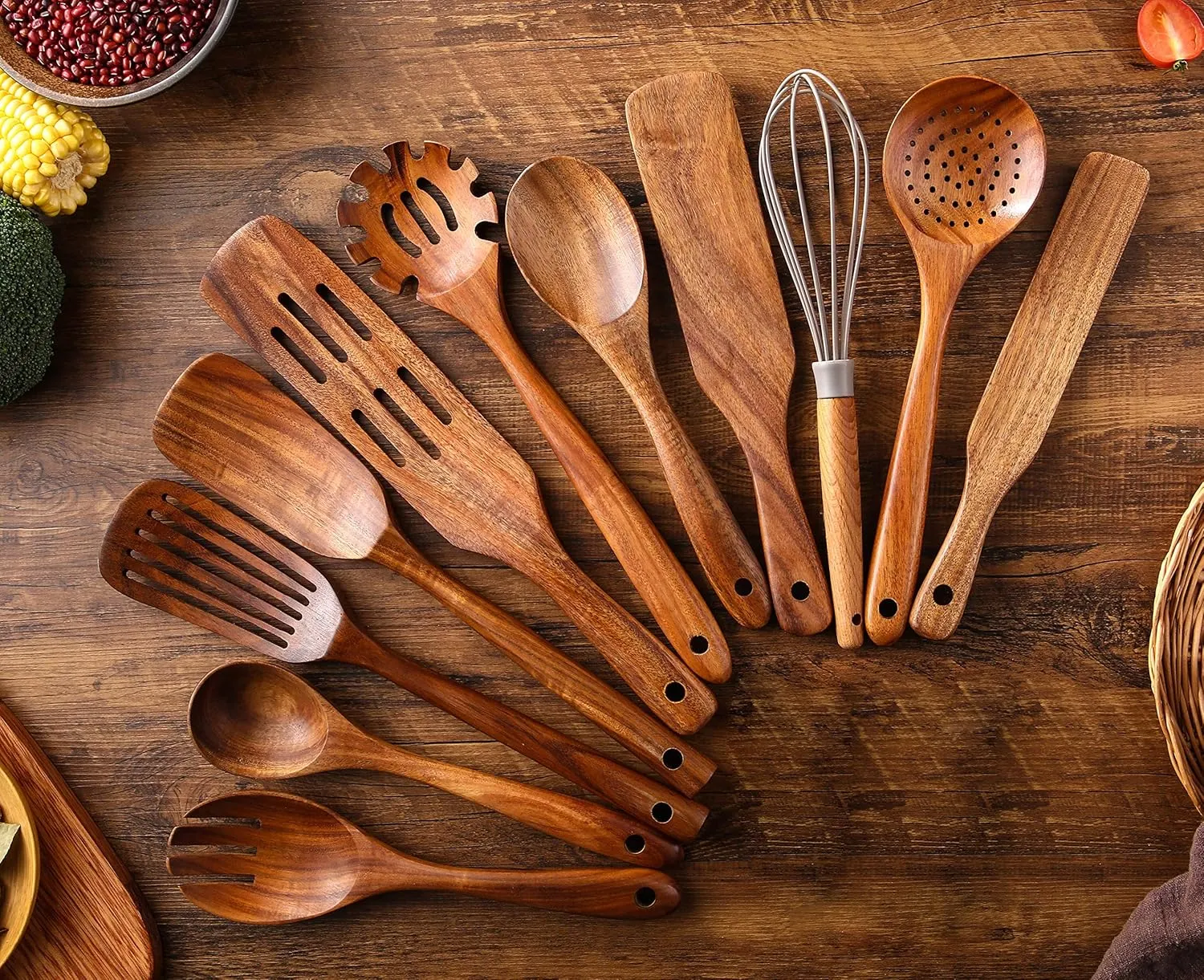 Wooden Kitchen Utensils Set, 11 Pcs Teak Wood Cooking Utensils Spoons Spatulas Spurtles Kit Non-stick Natural Kitchen Tools for Cooking