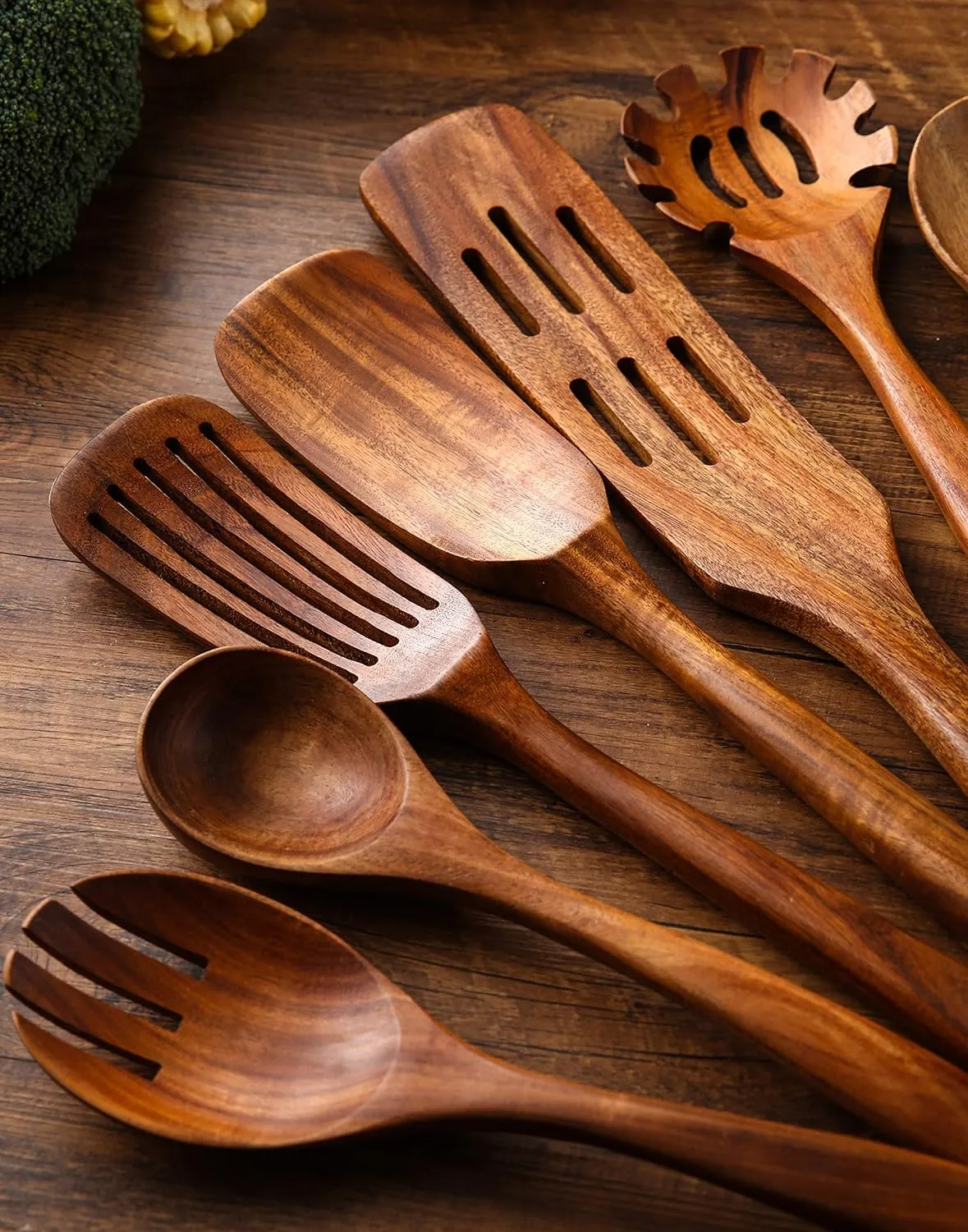 Wooden Kitchen Utensils Set, 11 Pcs Teak Wood Cooking Utensils Spoons Spatulas Spurtles Kit Non-stick Natural Kitchen Tools for Cooking