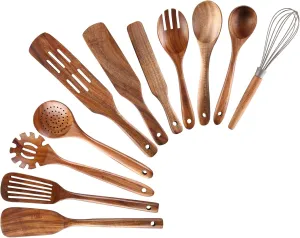 Wooden Kitchen Utensils Set, 11 Pcs Teak Wood Cooking Utensils Spoons Spatulas Spurtles Kit Non-stick Natural Kitchen Tools for Cooking
