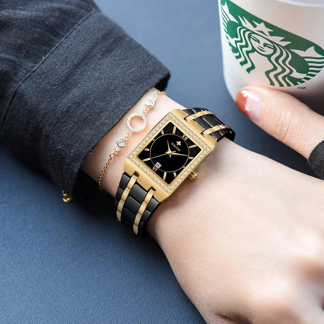WWOOR Gold Watches for Women Dainty Ladies Quartz Watch Vintage Square Shape Japanese Quartz Movement 3ATM Waterproof Fashion Female Luxury Dress Wrist Watch