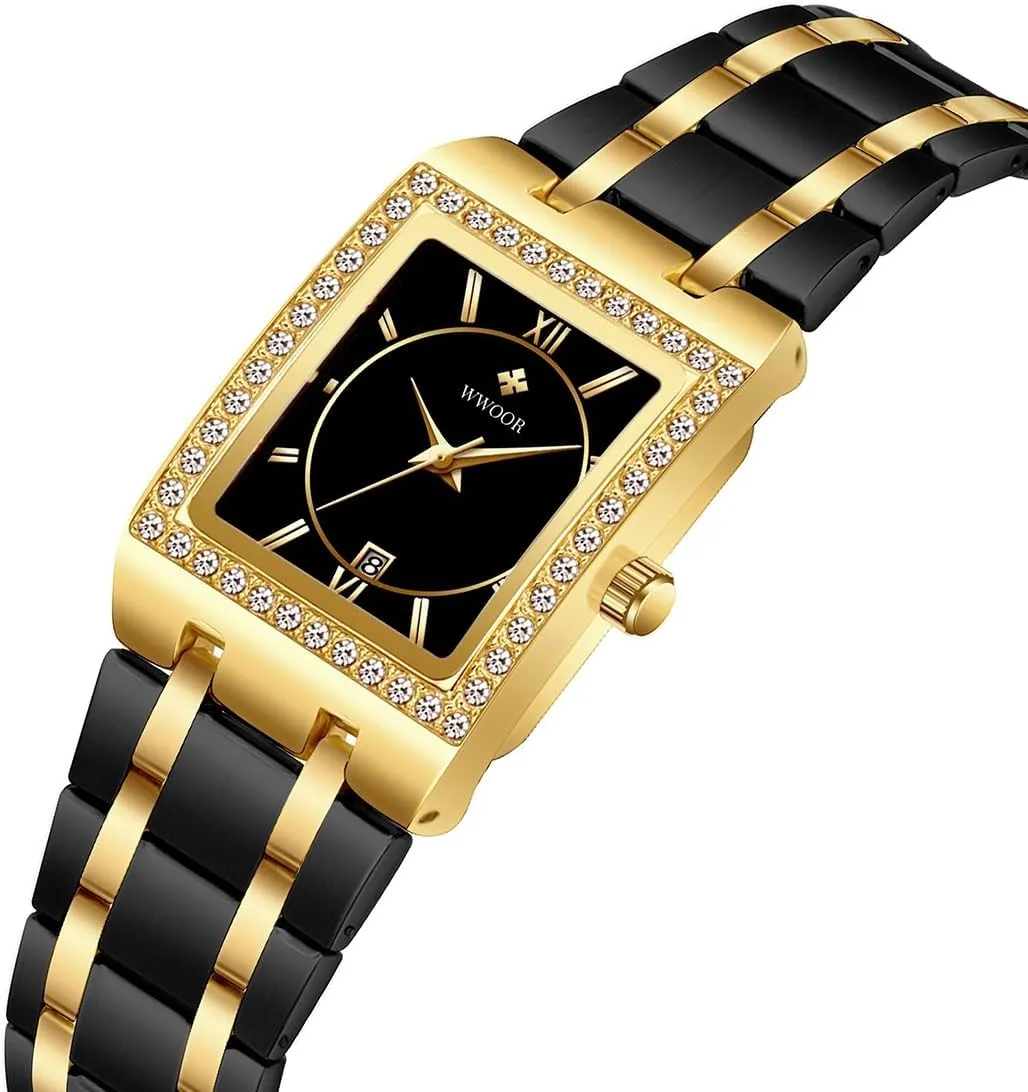 WWOOR Gold Watches for Women Dainty Ladies Quartz Watch Vintage Square Shape Japanese Quartz Movement 3ATM Waterproof Fashion Female Luxury Dress Wrist Watch