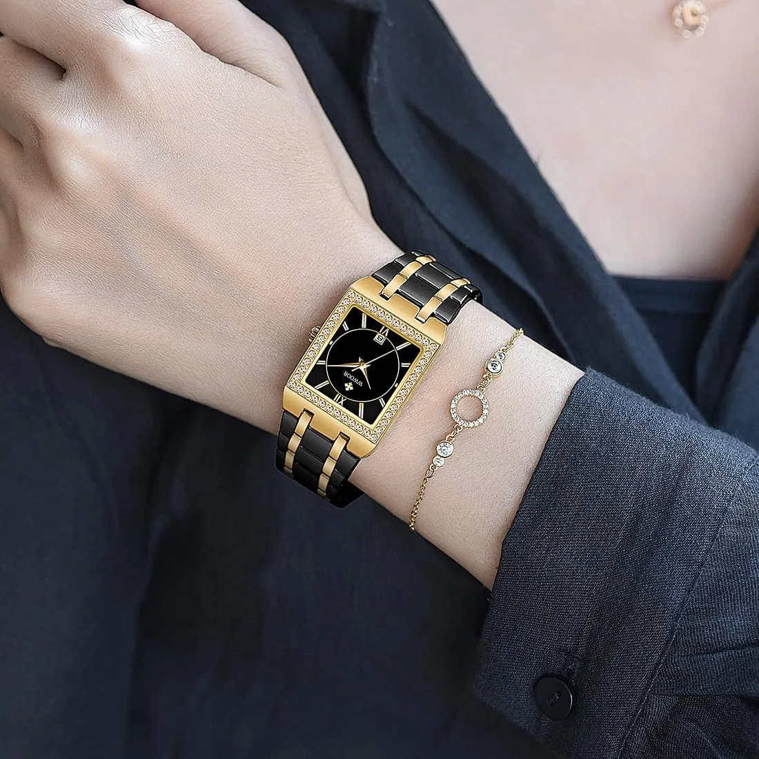 WWOOR Gold Watches for Women Dainty Ladies Quartz Watch Vintage Square Shape Japanese Quartz Movement 3ATM Waterproof Fashion Female Luxury Dress Wrist Watch