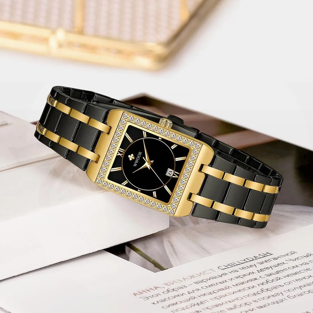 WWOOR Gold Watches for Women Dainty Ladies Quartz Watch Vintage Square Shape Japanese Quartz Movement 3ATM Waterproof Fashion Female Luxury Dress Wrist Watch