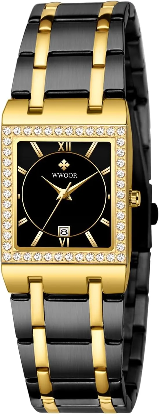 WWOOR Gold Watches for Women Dainty Ladies Quartz Watch Vintage Square Shape Japanese Quartz Movement 3ATM Waterproof Fashion Female Luxury Dress Wrist Watch