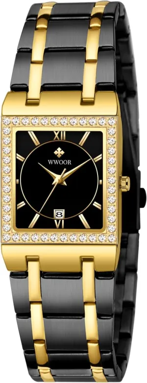 WWOOR Gold Watches for Women Dainty Ladies Quartz Watch Vintage Square Shape Japanese Quartz Movement 3ATM Waterproof Fashion Female Luxury Dress Wrist Watch