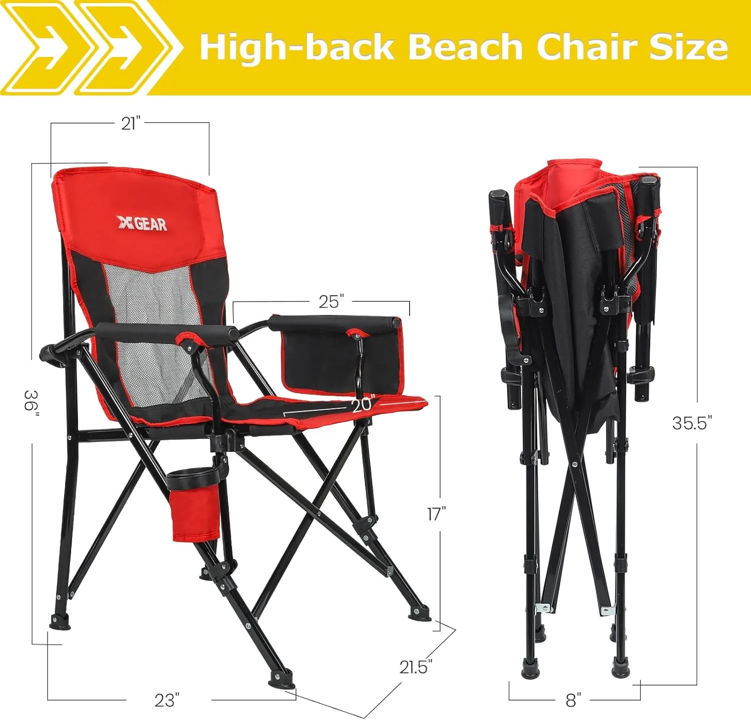 XGEAR Camping Chairs for Adults Support 350LBS Sturdy Mesh Back Camp Chair with Metal Armrests, Cup Holder, Storage Pockets(Black/Red)