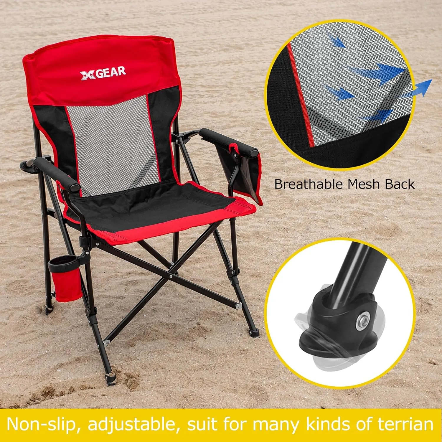 XGEAR Camping Chairs for Adults Support 350LBS Sturdy Mesh Back Camp Chair with Metal Armrests, Cup Holder, Storage Pockets(Black/Red)