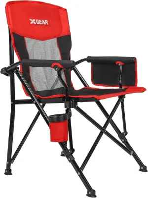 XGEAR Camping Chairs for Adults Support 350LBS Sturdy Mesh Back Camp Chair with Metal Armrests, Cup Holder, Storage Pockets(Black/Red)